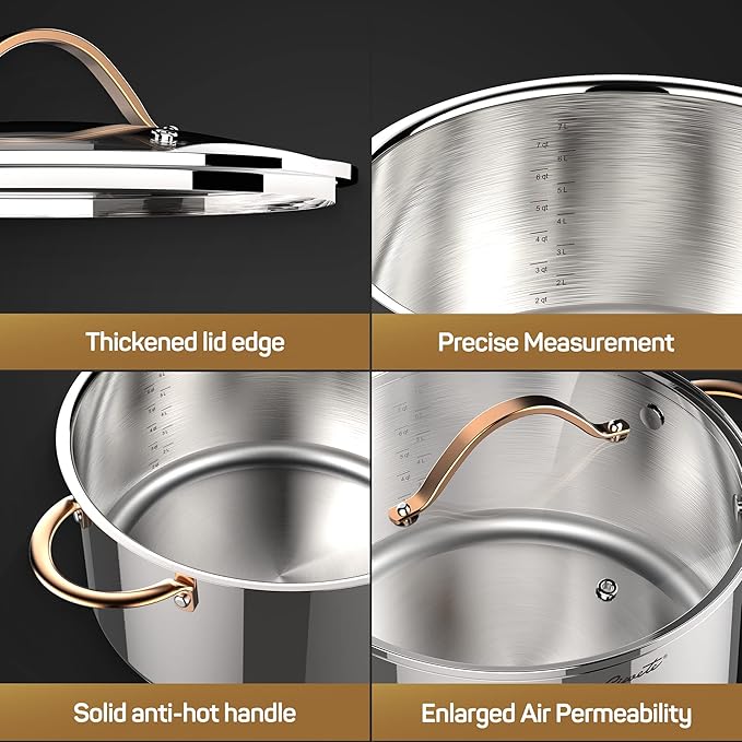 8 Quart Stock Pot, 3 Ply Whole Clad Stainless Steel Stock Pot, 8 QT Cooking Pot with Lid, Induction Pot for Cooking, 18/10 Stainless Steel Cookware Stockpots Oven, Gas and Dishwasher Safe