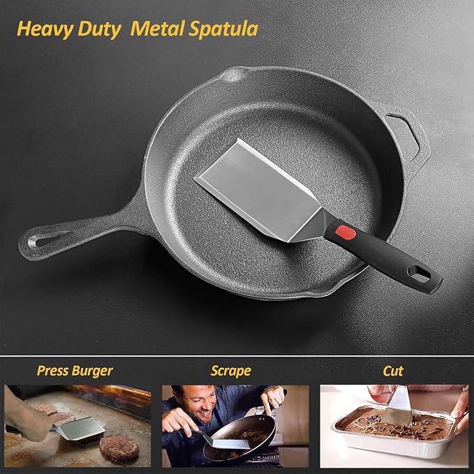 Stainless Steel Spatula Set with Heat Resistant Silicone Handle, VOVOLY Metal Spatulas For Kitchen Use, Thickened Smash Burger Spatula, Fish Flipper, Bench Scraper