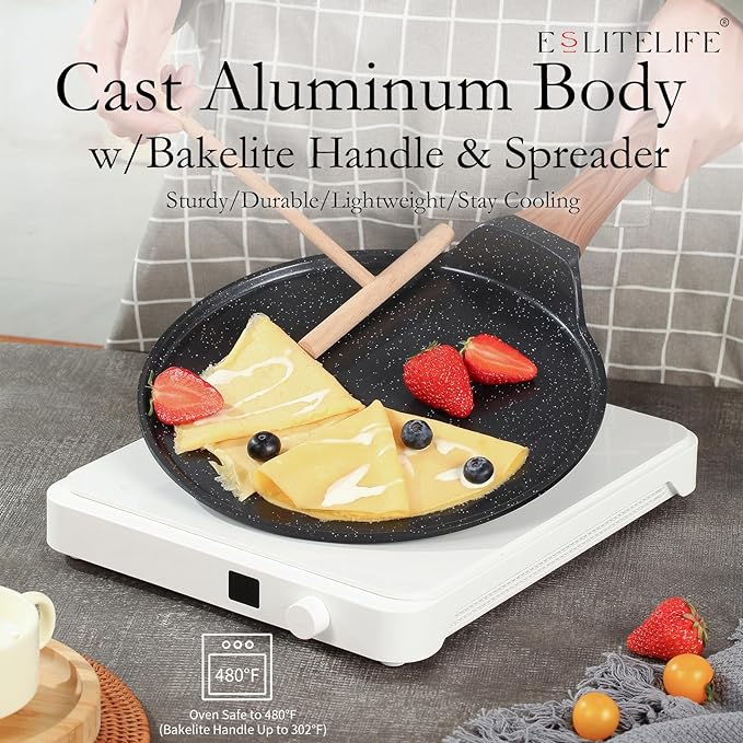 ESLITE LIFE Nonstick Crepe Pan Set with Spreader, 9.5 & 11 Inch Granite Coating Flat Skillet Dosa Tawa Comales Para Tortillas Pancake Pan, PTFE & PFOA Free, Black