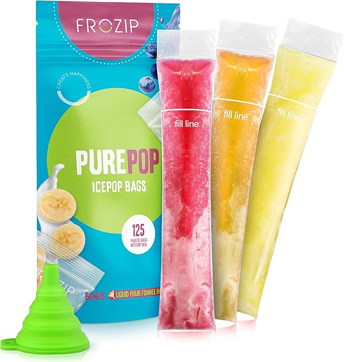 125 Disposable Ice Popsicle Mold Bags| BPA Free Freezer Tubes With Zip Seals | For Healthy Snacks, Yogurt Sticks, Juice & Fruit Smoothies, Ice Candy Pops| Comes With A Funnel (8x2")