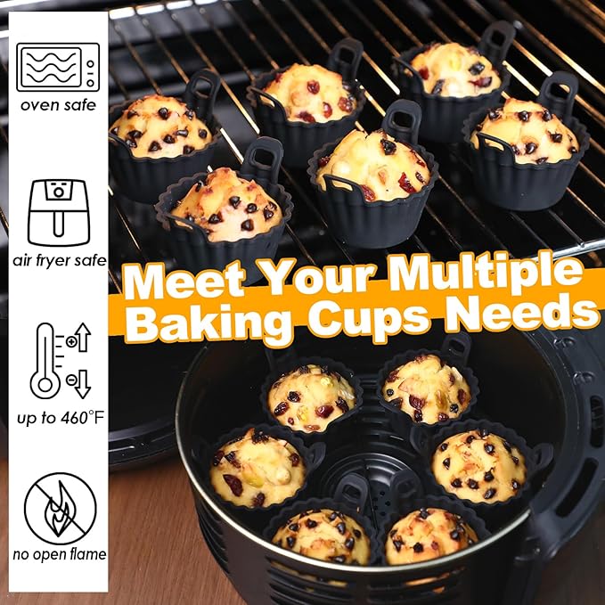 Koluti Reusable Silicone Baking Cups Set of 12, Nonstick Muffin Cupcakes Mold with Double Handle, BPA Free, Mini Round Air Fryer Cupcake Liners, Black