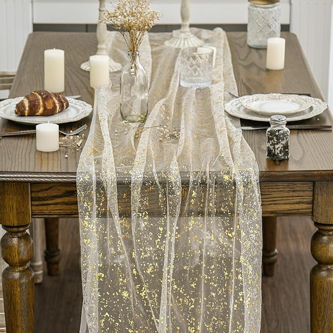 Artoid Mode 3Pcs Beige Gold Gauze Table Runner 120 Inch 10FT, Glitter Metallic Foil Sheer Dining Wedding Anniversary Holiday Birthday Table Decor for Home Party