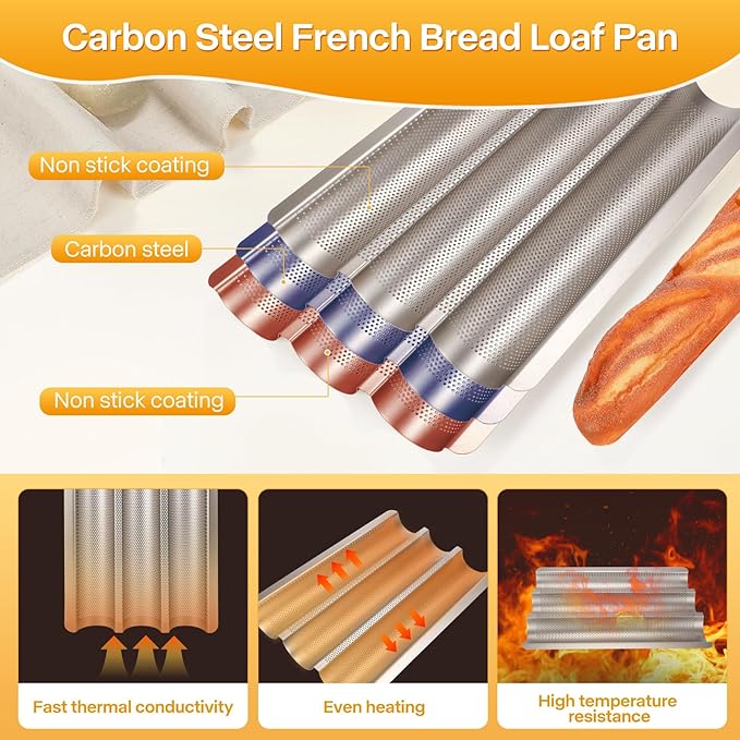 Baguette Bread Pan, Perforated French Bread Baking Pan, Nonstick 3 Loaf Bread Pans for Baking, with Baguette Kit – Includes Proofing Cloth & Dough Cutter, 15x11 Inch Gold