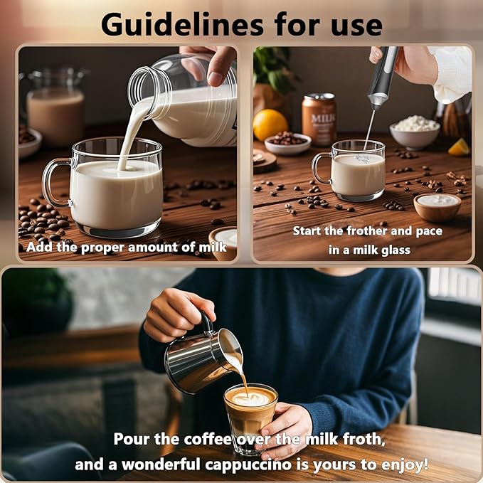 Rechargeable Milk Frother with Stand,Handheld Electric Foam Maker, Waterproof Detachable 3-Speed Adjustable Drink Mixer & Milk Foamer with 3 Stainless Steel Whisks for Lattes, Cappuccino