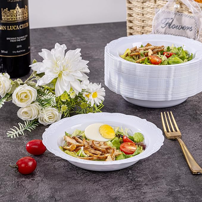DaYammi 30 Pack Plastic Bowls, 12oz Disposable Soup Bowls, Heavy Duty Dinner Bowls for Weddings, Parties, Dinners, Catering and Everyday Use