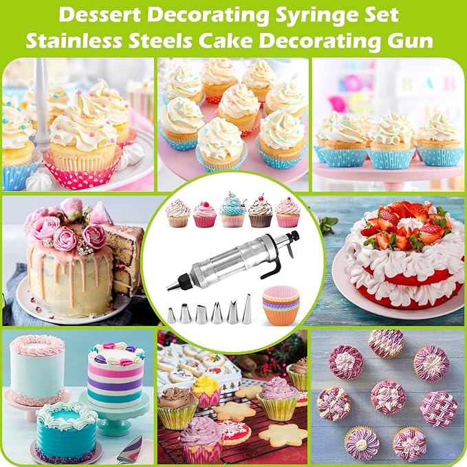 Suuker Dessert Decorating Syringe Set, Frosting Piping Kit Stainless Steels Cake Decorating Tools with 6 Icing Tips Cupcake Decorating Kit