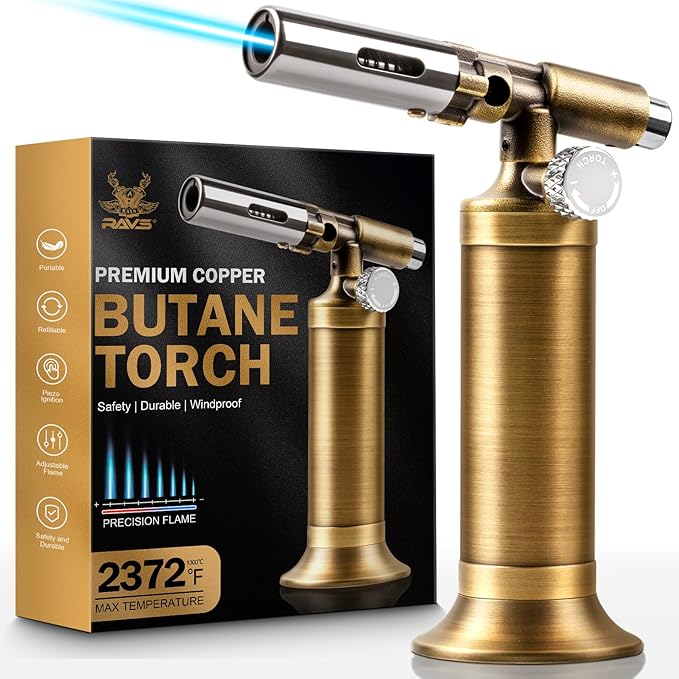 RAVS Butane Torch Lighter, Refillable Kitchen Torch for Creme Brulee with Adjustable Flame, Copper Torch for Jewelry Making with Pinpoint Flame, Copper Soldering Torches for Resin Art, Craft