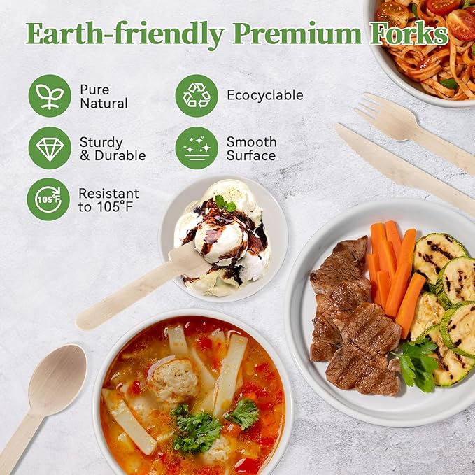 ECOLipak 300 Count Wooden Forks Disposable, Wooden Disposable Compostable Forks for Eating, Party, Camping, Traveling, Family Dinners