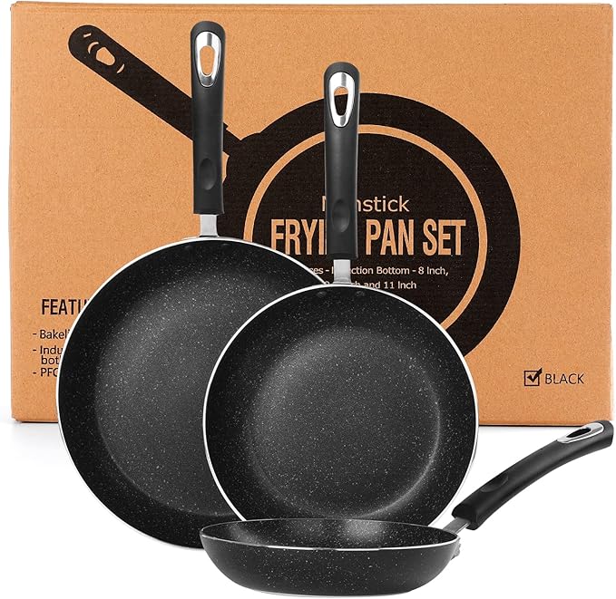Frying Pan 3-Piece Set, Nonstick Skillet Set for Induction Cooktop, Frying Pan Nonstick 8 Inch+9.5 Inch +11 Inch (Black)