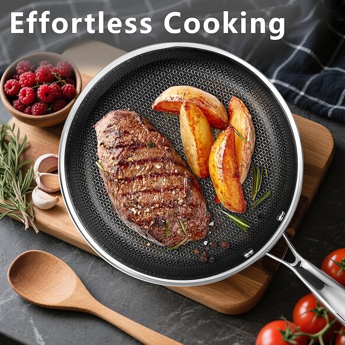 9.5" Non Stick Frying Pans, Stainless Steel Pan, Ceramic Skillet with Stay-Cool Handle, Non Toxic, PFAS PFOA PTFE Free, Dishwasher Safe, Induction, Compatible with All Cooktops