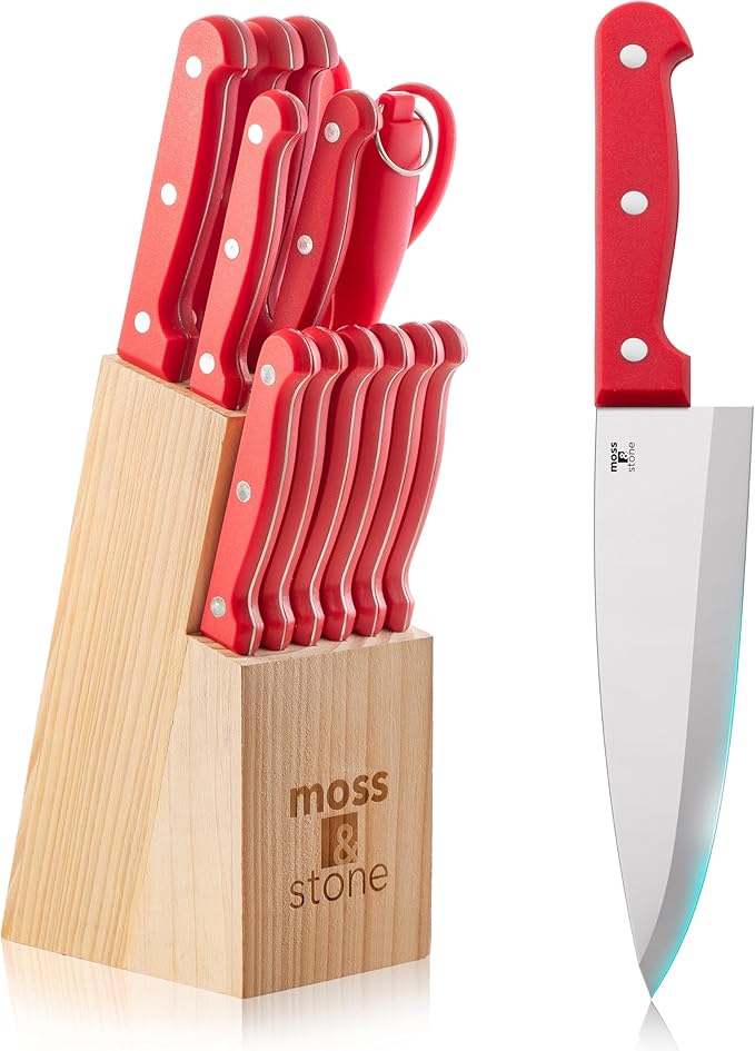 Moss & Stone 14 Pcs Knife Block Set Stainless Steel, Premium Forged Kitchen Knives Set with High-Carbon Blades, Ergonomic Handle, Sharp Blade, Rust Resistant, Modern Style for Home & Chef, Red