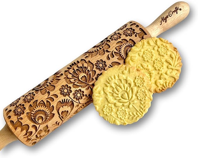 FOLK Embossed Rolling Pin. Wooden Embossing Rolling Pin With Folksy Flowers for Pottery and Cookies by Algis Crafts