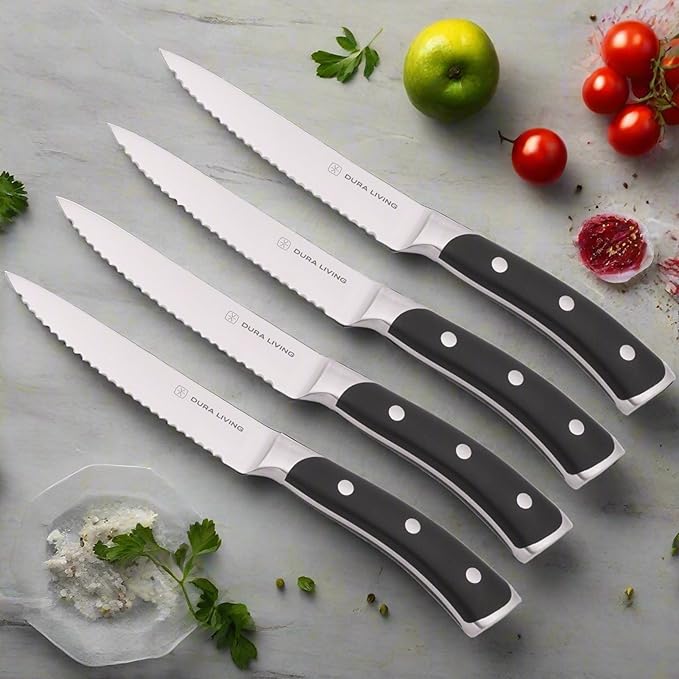 DURA LIVING 8-Piece Serrated Kitchen Steak Knife Set – Forged High Carbon Stainless Steel, Ultra Sharp, Ergonomic Black Handles, Durable Dinner Knives, Black Handle