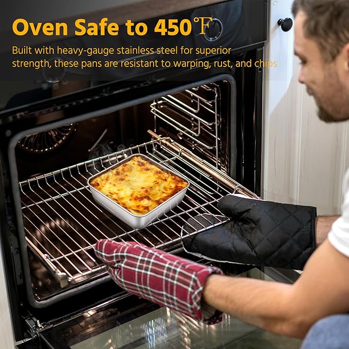 E-far 6 x 6-Inch Square Baking Pan with Lid, Small Stainless Steel Cake Brownie Pans Trays Dishes for Toaster Oven Air Fryer, Healthy & Dishwasher Safe - Set of 2(2 Pans + 2 Lids)