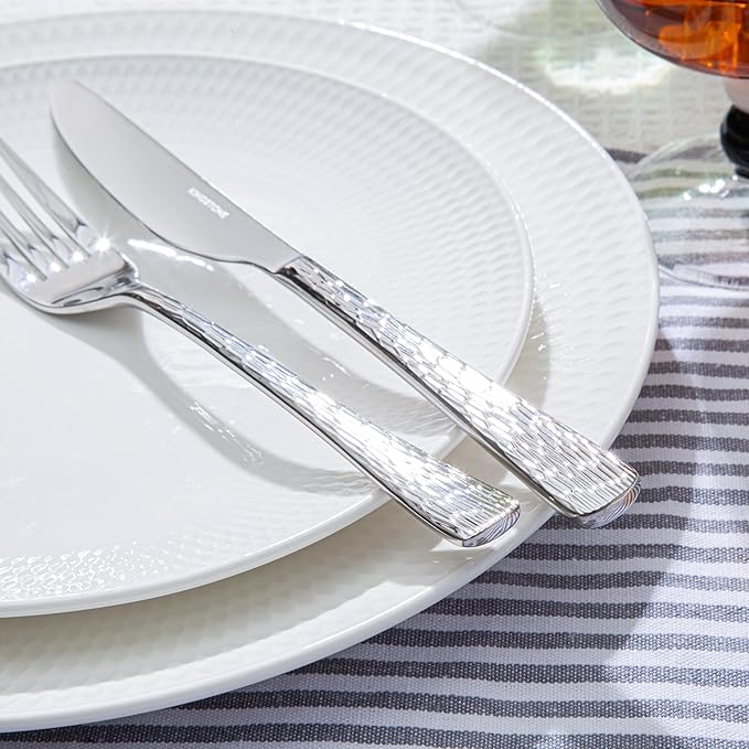 KINGSTONE Hammered Silverware Set, Flatware Set, 18/10 Stainless Steel Premium Cutlery with Unique Ripple Handles Design Mirror Polished - Dishwasher Safe (40-Piece)