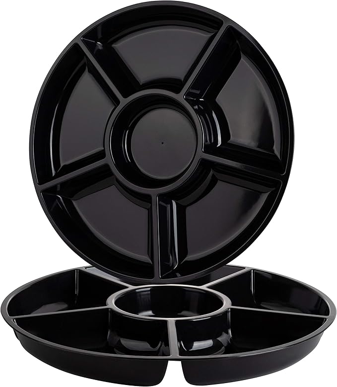 Plasticpro 6 Sectional Round Plastic Serving Tray/Platter (2, Black)