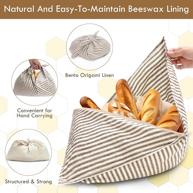 yeload 2 Pack Beeswax Bread Bags, Striped Linen Bento Bags, 14" Cotton Loaf Bag, Reusable Organic Food Storage, Sourdough Bag, Rustic Farmhouse Azuma Bukuro Origami Wrap for Baked Gifts (Caffe, 2)