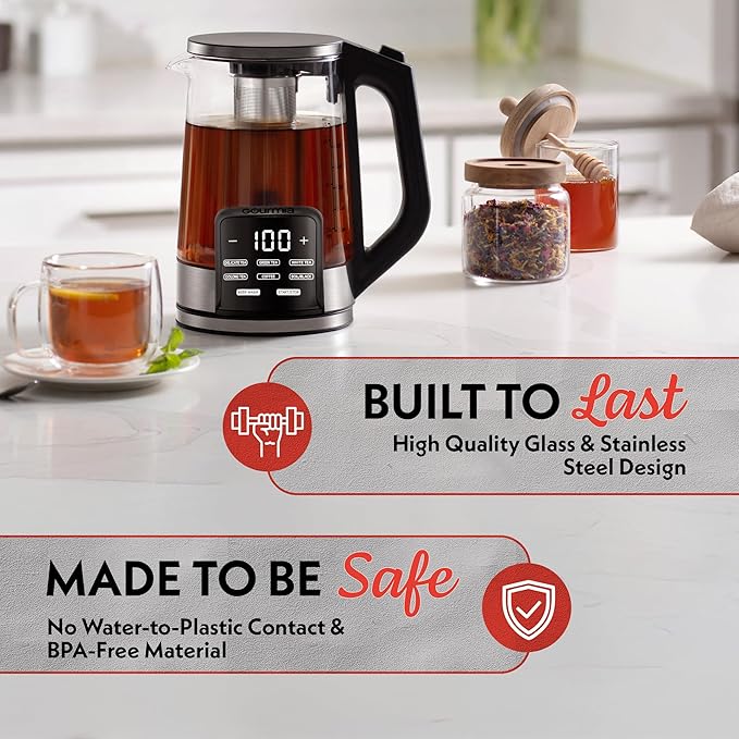 Gourmia Electric Programmable Glass Kettle – 1.7L Temperature Control Tea & Coffee Kettle with Digital Touch Display, 6 Presets, Keep Warm, Removable Stainless Steel Infuser, 360° Swivel Base – Black