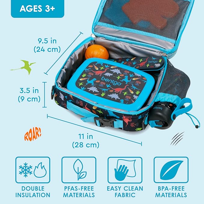 Bentgo Kids Lunch Bag - Durable, Double-Insulated Lunch Bag for Kids 3+; Holds Lunch Box, Water Bottle, & Snacks; Easy-Clean Water-Resistant Fabric & Multiple Zippered Pockets (Dinosaur)
