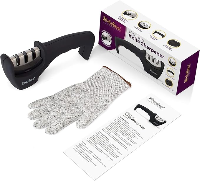 4-in-1 Kitchen Knife Accessories: 3-Stage Knife Sharpener Helps Repair, Restore, Polish Blades and Cut-Resistant Glove (Black)
