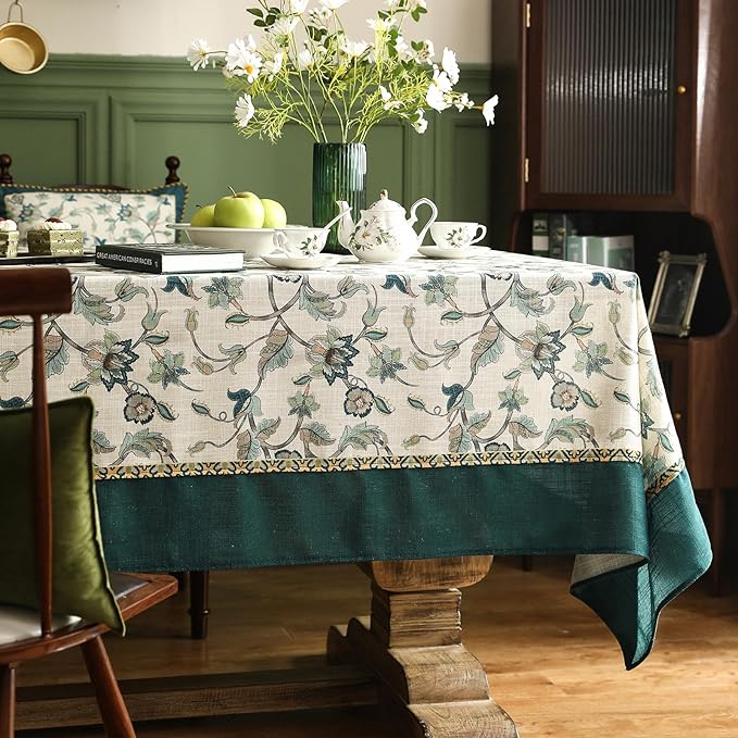 patdrea Designer Green Linen Extra Long Rectangle Tablecloth,Vintage Floral Pattern Breathable Table Cloth,Cover Decor for Kitchen Dining,Christmas,Thanksgiving,Holiday,Tea Party,63"x110"-Noah