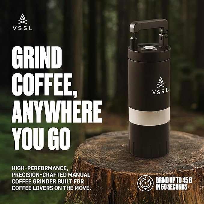 VSSL Java G45 Manual Coffee Grinder | Coffee for Camping | Bean Grinder | Travel Pour Over | Stainless Steel Conical Burr | ~ 45 Gram Capacity | Extendable Grind Handle | 50 Grind Settings | Black