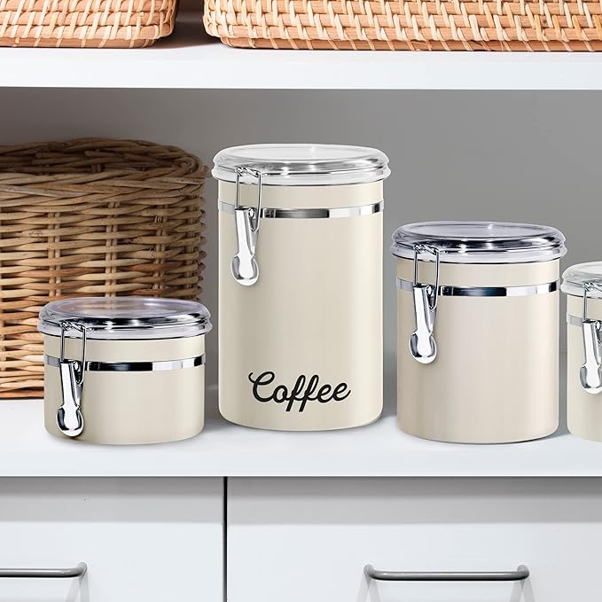 Oggi Stainless Steel Coffee Canister 62 fl oz - Airtight Clamp Lid, Warm Gray, Tinted See-Thru Top - Ideal for Coffee Bean Storage, Ground Coffee Storage, Kitchen Storage, Pantry Storage. 5 x 7.5