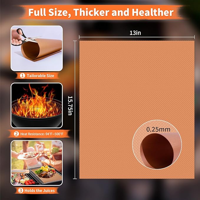 WIBIMEN Grill Mats for Outdoor Grill, Copper 9pcs Grill Mat, 100% Non-Stick PFOA Free 15.75 x 13", Heavy Duty, Reusable and Easy to Clean - Gas Charcoal & Electric BBQ