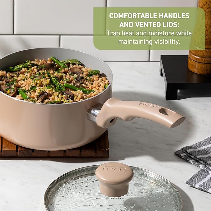 T-fal Refresh Ceramic Nonstick Saute Pan with Lid 5 Qt, Oven Safe up to 350°F Cookware, Stay-Cool Handle, Skillet Pots and Pans, Dusty Rose