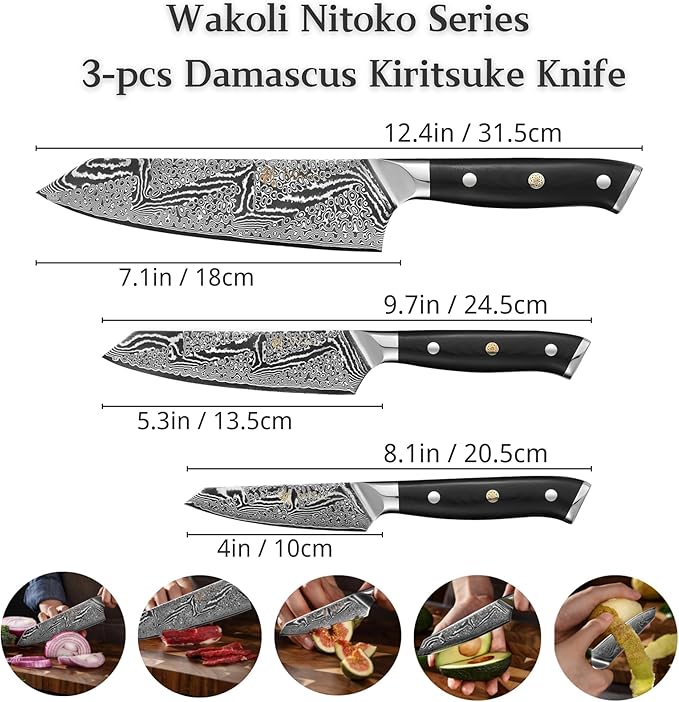 Wakoli NIT 3-Piece Kiritsuke Knife Set – Professional Damascus Kitchen Knives | 67-Layer VG10 Core Steel | Ergonomic G10 Handles | Japanese-Style Chef Knife Set in Wooden Gift Box
