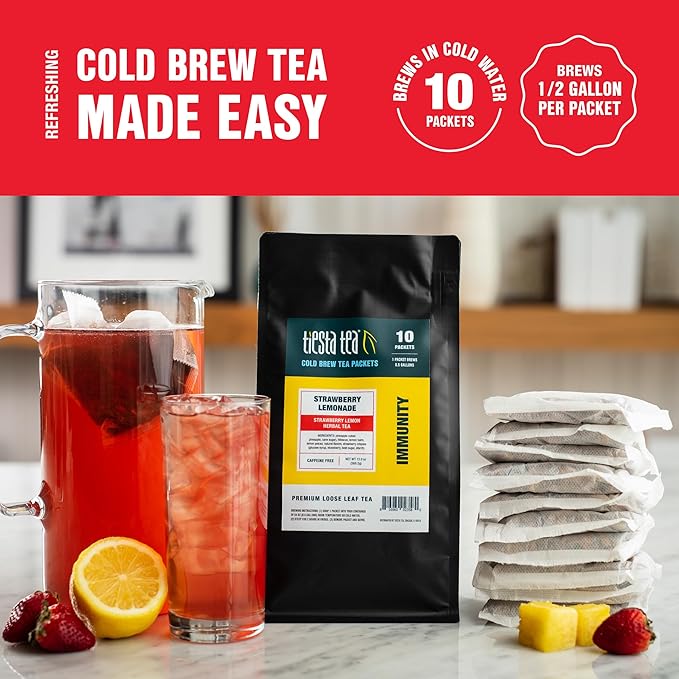 Tiesta Tea - Strawberry Lemonade Cold Brew Tea, Loose Leaf, Strawberry Lemon Herbal Blend, Premium Iced Blends, Non-Caffeinated Iced Drink, 10 Cold Brew Bags, Makes 64oz Pitcher Each