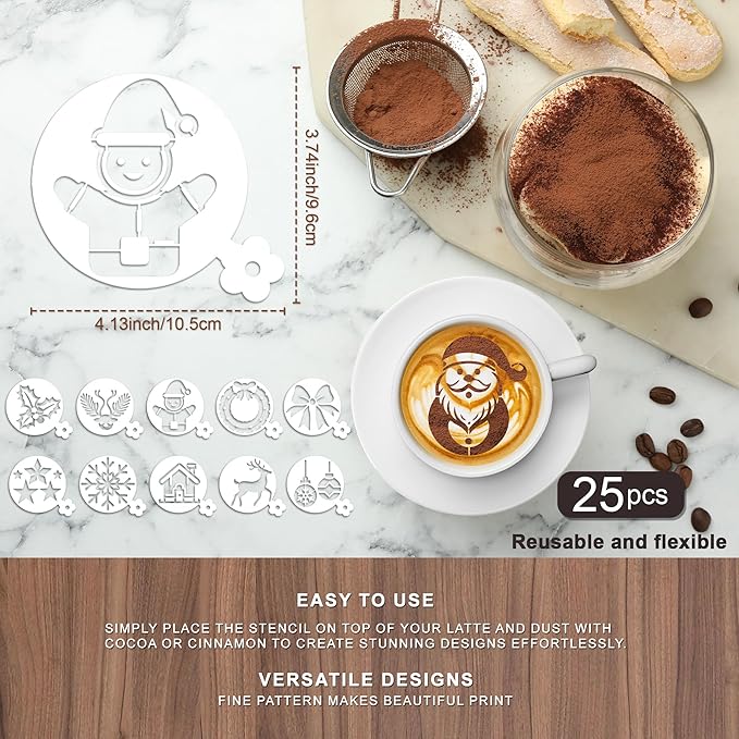 Christmas Coffee Cookie Stencils - 25 Pcs Reusable Small Latte Art Coffee Cookie Bread Baking Template Stencils, Snowman Holy Wreath Bow Gingerbread Template
