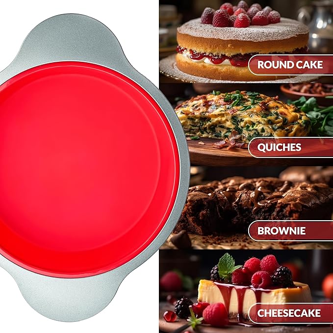 Boxiki Kitchen 9 Inch Non-Stick Silicone Round Cake Pan with Steel Frame Handles - Perfect for Baking Delicious Round Cakes