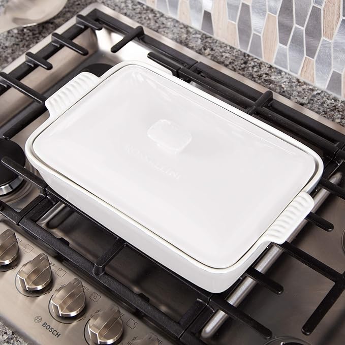 Stoneware Casserole Dish Bakeware Set with Lid, Covered Rectangular Dinnerware, Large 3.2 Quart, 11 by 9 Inch, Bianco [White]