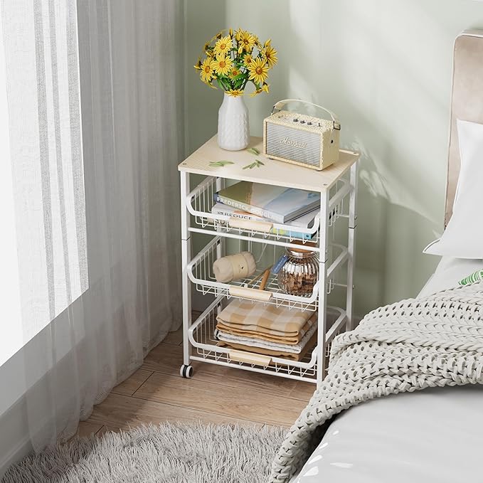 4-Layer Fruit Basket Kitchen Food Storage Organizer and Storage Rack, Stackable Storage cart with Desktop, Pull-Out Hollow Metal Storage Basket, liding Out Storage,White