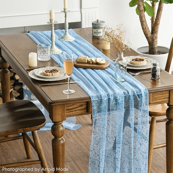 Artoid Mode 6PCS Light Blue Gauze Table Runner 120 Inch 10FT, Glitter Metallic Foil Sheer Dining Wedding Anniversary Holiday Table Decor for Home Party
