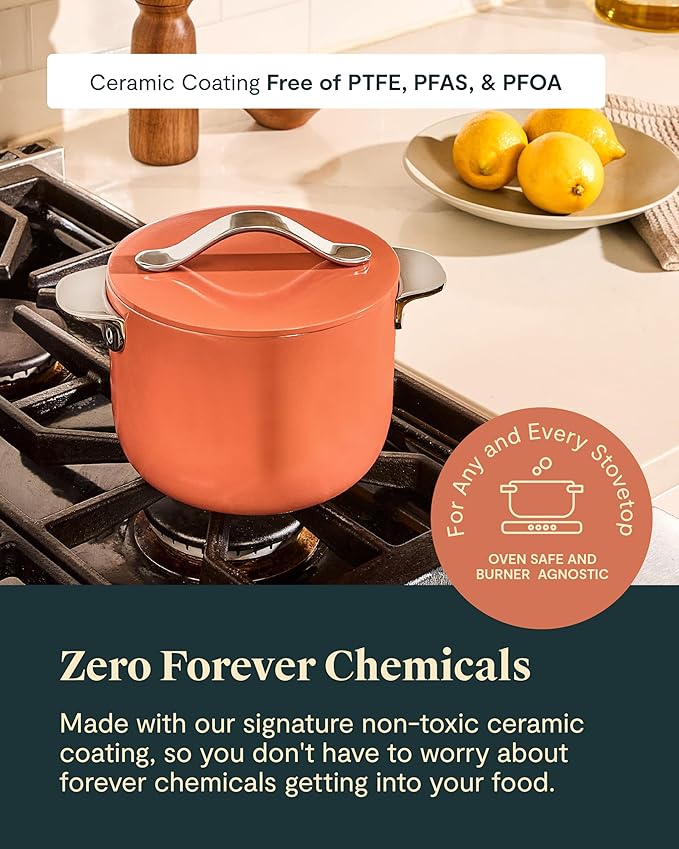 Caraway Petite Cooker - 2 Qt Ceramic Coated Pot - Free From Forever Chemicals - Perfect for Rice, Grains, or Sauces - White