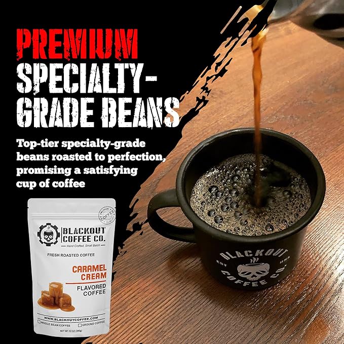 Blackout Coffee Caramel Cream Flavored Ground Coffee – Medium Roast, Smooth Taste, Guilt-Free Indulgence – Freshly Roasted 12oz Bag, American Made