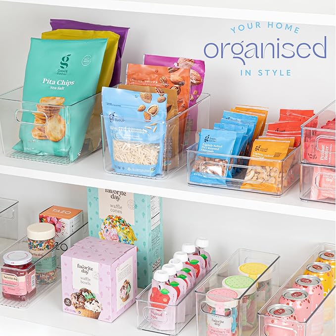 Plastic Food Storage 4 Pack Clear Container Bin with Handles for Organizing Kitchen, Pantry, Fridge, Freezer, Pantry,Bathroom. 10"x6"x5"