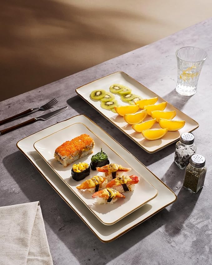 famiware Serving Platter, Rectangular 15.67/14.1/12.6inch Serving Dishes for Entertaining, Microwave Dishwasher Safe, Stoneware Serving Trays for Party, Turkey, Cheese, Ocean Series, Vanilla White