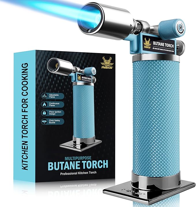 RAVS Butane Torch Lighter, Refillable Kitchen Torch with Safety Lock and Adjustable Flame, Creme Brulee Torch for Baking, BBQ, Blue Blow Torch for Cooking, Mens Gifts, Butane Gas Not Included