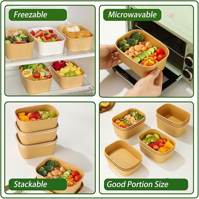DI QIU REN 50-Pack 25oz Paper Bowls, Disposable Food Containers with Lids and Forks, Rectangular Disposable Salad Bowls for Diet Salad, Pasta (kraft Paper Rectangular, 25oz 50 Count)