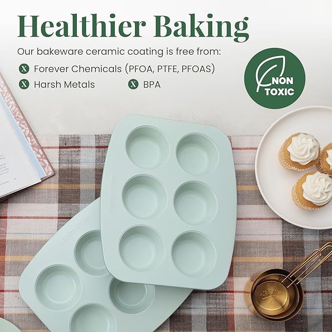 Larder & Vine 8-Piece Bakeware Set | Non-Stick Baking Set with Ceramic Finish | PFAS, PFOA, PTFE, and BPA Free Baking Essentials | Baking Sheets, Muffin Tins and Assorted Baking Pans | Sage
