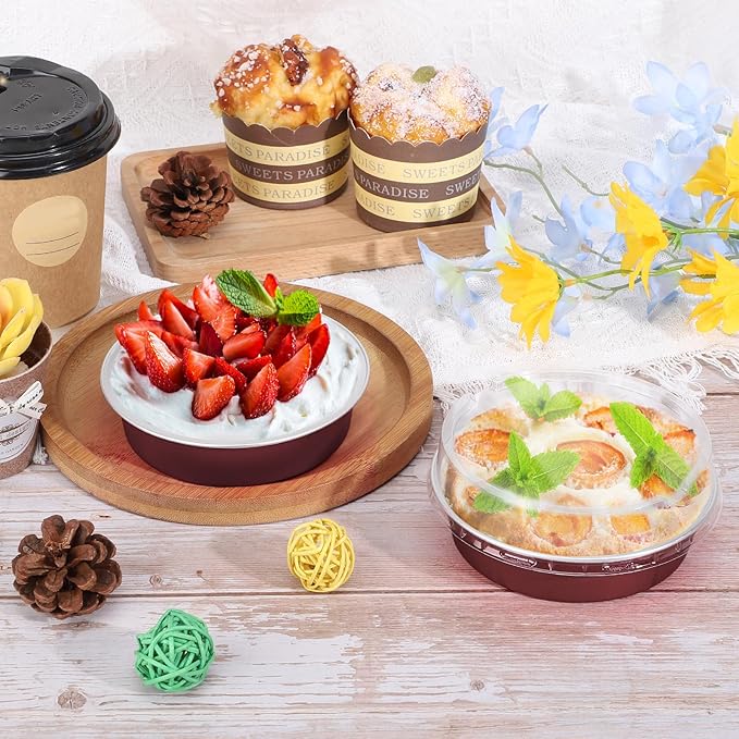 Beasea Disposable Mini Pie Tins with Lids, 50 Pack 4” 7.3oz 215ml Small Round Aluminum Baking Tart Foil Container for Individual Dessert Cupcake Cheesecake Ramekin Quiche Oven Dishes - Wine Red