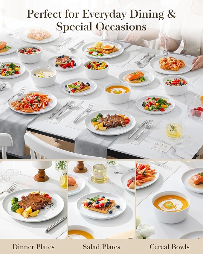MALACASA 18 Pieces Gourmet Porcelain Dinnerware Sets, Premium Plates and Bowls Set, High-Fired Ceramic Dishes Set for 6, Chip & Scratch Resistant, Microwave Dishwasher Safe, White, Series LEXI