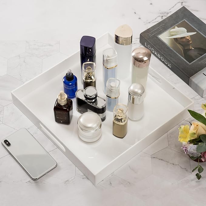 Glossy White Sturdy Acrylic Serving Tray with Handles-14x14Inch-Serving Coffee,Appetizer,Breakfast,Butler-Kitchen Countertop Tray-Makeup Drawer Organizer-Vanity Table-Ottoman Tray