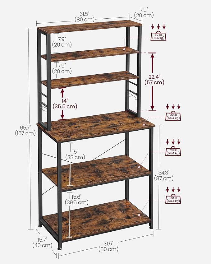 VASAGLE Coffee Bar, 31.5 Inches Baker's Rack for Kitchen with Storage, 6-Tier Kitchen Shelves with 6 Hooks, Microwave Stand, Industrial, Rustic Brown and Black UKKS019B01