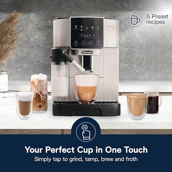 De'Longhi Magnifica Start Automatic Espresso Machine with Auto Milk Frother & Built in Grinder - 5 One-Touch Recipes, Easy-to-Clean, Home Barista Coffee Maker for Lattes, Cappuccino, Iced Coffee