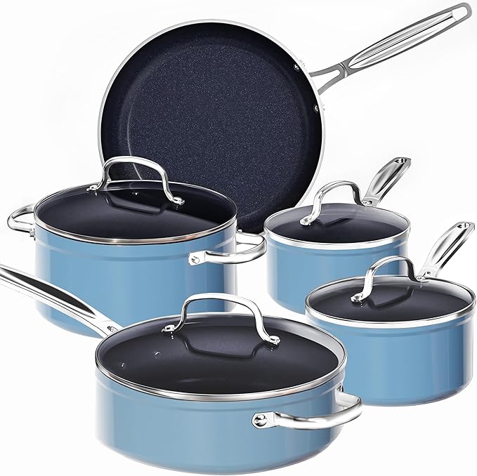 Nuwave 9pc Cookware Set Healthy Duralon Blue Ceramic Nonstick Coated, Diamond Infused Scratch-Resistant, PFAS Free, Oven Safe, Induction Ready & Evenly Heats, Tempered Glass Lids & Stay-Cool Handle
