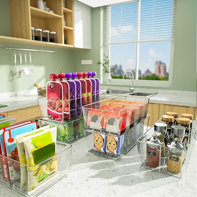 BALEINE Pantry Organizers and Storage Bins, Plastic Clear Storage Bins with 3 Removable Dividers, BPA-Free Fridge Organizers for Kitchen Cabinet Bathroom (10.5x6.1x3.5, 2PK)